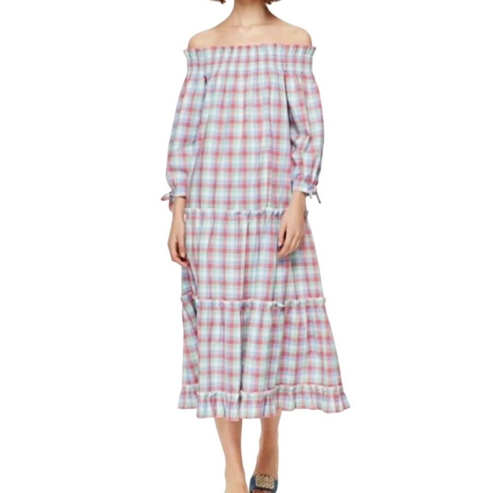 Kate Spade‎ Gingham Off-the-Shoulder Dress Womens Large Multicolor Tiered Cotton